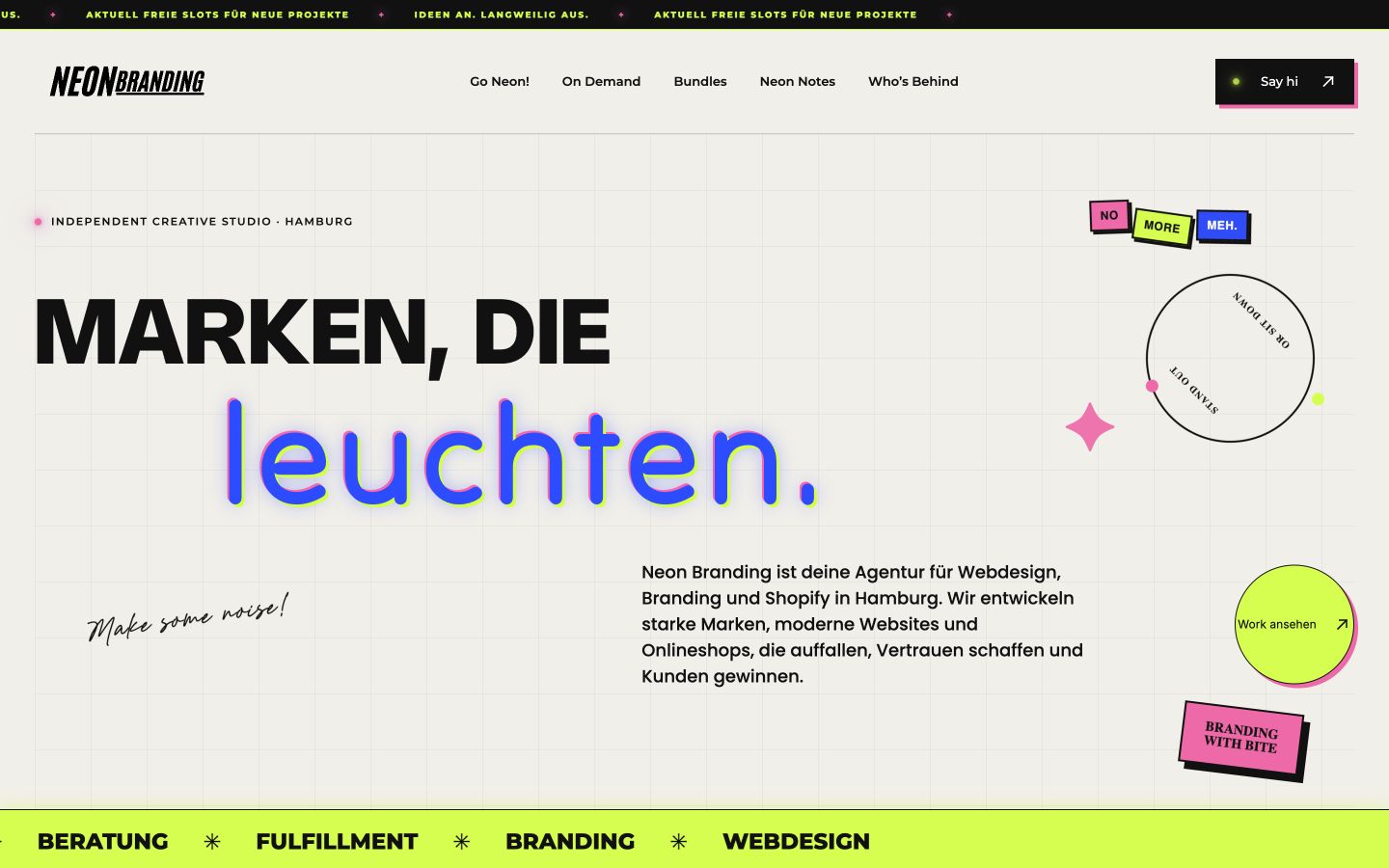 Neon Branding Startseite in der Desktopansicht