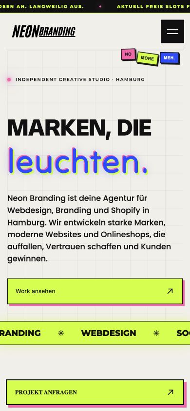 Neon Branding Startseite in der Mobilansicht